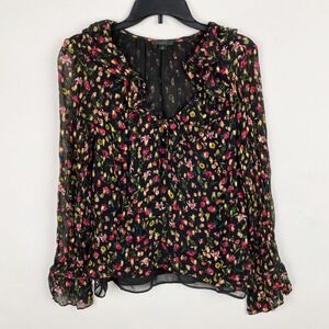 J. Crew Midnight Vintage Floral Ruffle Neck Long Sleeve Sheer Blouse Top Women M